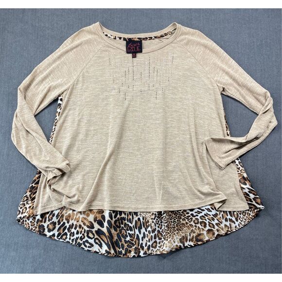 Women’s Long Sleeve Top Leopard Print Back Rhinestone Detail Blouse Size M Beige - Picture 1 of 7